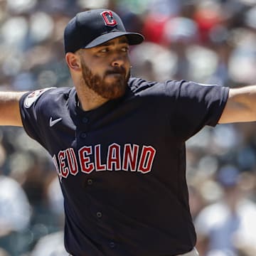 Jul 30, 2023; Chicago, Illinois, USA; Cleveland Guardians starting pitcher Aaron Civale (43) delivers a pitch against the Chicago White Sox during the first inning at Guaranteed Rate Field. Mandatory Credit: Kamil Krzaczynski-Imagn Images