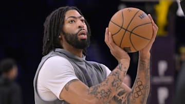 Dec 8, 2024; Los Angeles, California, USA;  Los Angeles Lakers forward Anthony Davis (3) warms up prior to the game against the Portland Trail Blazers at Crypto.com Arena. Mandatory Credit: Jayne Kamin-Oncea-Imagn Images