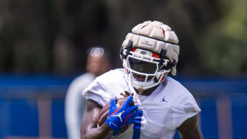 Florida Gators running back Montrell Johnson Jr. (1) hauls in a pass during Fall practice at Sanders Practice Fields in Gainesville, FL on Thursday, August 1, 2024. [Doug Engle/Gainesville Sun]
