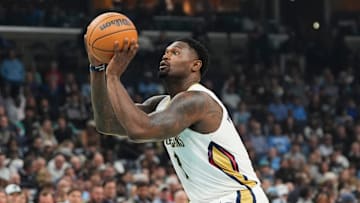 Pelicans' Zion Williamson (1) prepares to shoot the ball during the home opener against the New Orleans Pelicans at FedExForum on October 22, 2025.