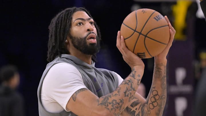 Dec 8, 2024; Los Angeles, California, USA;  Los Angeles Lakers forward Anthony Davis (3) warms up prior to the game against the Portland Trail Blazers at Crypto.com Arena. Mandatory Credit: Jayne Kamin-Oncea-Imagn Images