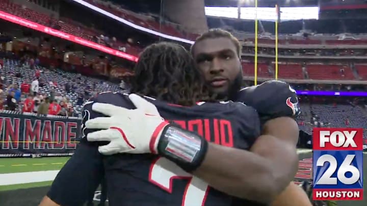 Houston Texans' Will Anderson embraces QB C.J. Stroud after 32-27 loss to the Tennessee Titans on Nov. 24, 2024. Houston Texans' Will Anderson embraces QB C.J. Stroud after 32-27 loss to the Tennessee Titans on Nov. 24, 2024.