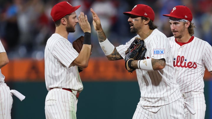 dAug 27, 2024; Philadelphia, Pennsylvania, USA; Philadelphia Phillies outfielder Nick Castellanos (8) high fives shortstop Trea Turner (7) after a victory against the Houston Astros at Citizens Bank Park.