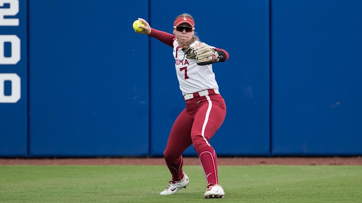 Junior outfielder Kasidi Pickering throws the ball during the NCAA Softball Women's College World Series game against Tennessee at Devon Park on May 29, 2025 in Oklahoma City. Mandatory Credit: Brett Rojo-Imagn Images