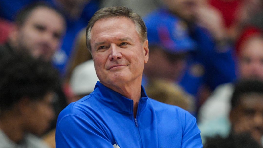 Nov 15, 2025; Lawrence, Kansas, USA; Kansas Jayhawks head coach Bill Self reacts during the first half against the Princeton Tigers at Allen Fieldhouse. Mandatory Credit: Jay Biggerstaff-Imagn Images