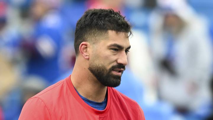 Nov 16, 2025; Orchard Park, New York, USA;  Buffalo Bills defensive end AJ Epenesa (57) warms up prior to the game at Highmark Stadium. Mandatory Credit: Mark Konezny-Imagn Images