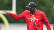 Louisville Cardinals Ron English, co-Defensive Coordinator/Secondary, during a recent practice on August 4, 2025 before the start of the 2025 football season.