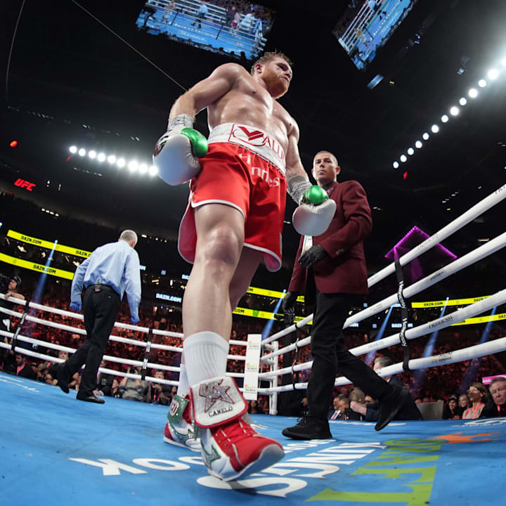 Canelo Alvarez and Gennadiy Golovkin box during a super middleweight championship bout at T-Mobile Arena. 