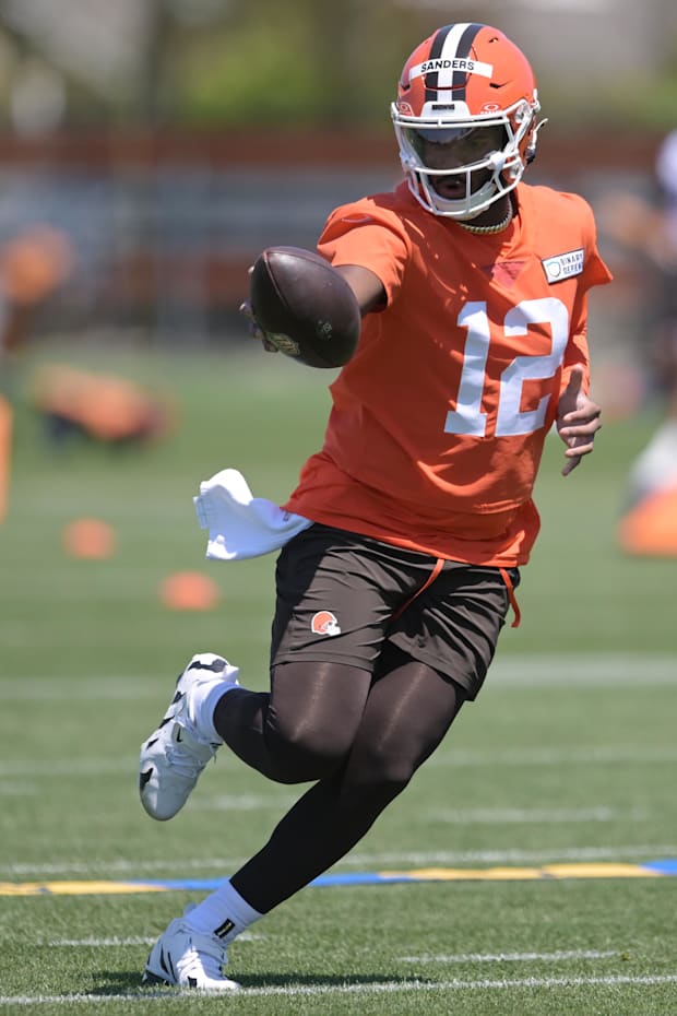 May 10, 2025; Berea, OH, USA; Cleveland Browns quarterback Shedeur Sanders (12) runs a drill during rookie minicamp at CrossC