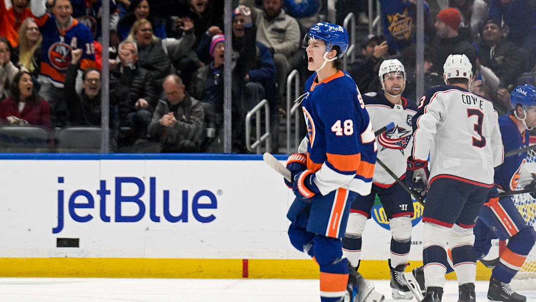 Nov 2, 2025; Elmont, New York, USA;  New York Islanders defenseman Matthew Schaefer (48) celebrates his goal against the Columbus Blue Jackets during the first period at UBS Arena. Mandatory Credit: Dennis Schneidler-Imagn Images