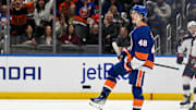 Nov 2, 2025; Elmont, New York, USA;  New York Islanders defenseman Matthew Schaefer (48) celebrates his goal against the Columbus Blue Jackets during the first period at UBS Arena. Mandatory Credit: Dennis Schneidler-Imagn Images