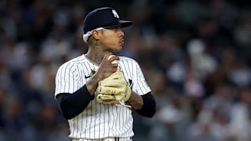 Sep 25, 2024; Bronx, New York, USA; New York Yankees starting pitcher Marcus Stroman (0) reacts during the fourth inning against the Baltimore Orioles at Yankee Stadium. Mandatory Credit: Brad Penner-Imagn Images