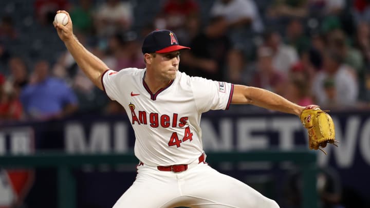 Los Angeles Angels relief pitcher Ben Joyce (44) pitches during the seventh inning against the Oakland Athletics at Angel Stadium on July 25.