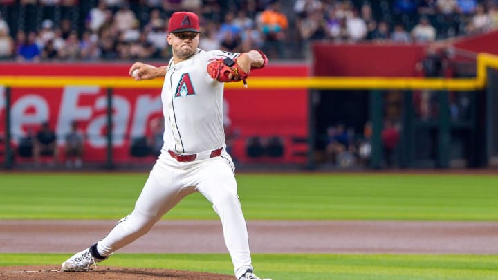 Jun 28, 2024; Phoenix, Arizona, USA; Arizona Diamondbacks pitcher Slade Cecconi (43) throws in the first inning against the Oakland Athletics at Chase Field. Mandatory Credit: Allan Henry-USA TODAY Sports