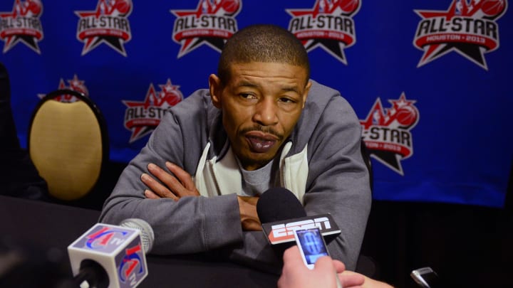 Feb 15, 2013; Houston, TX, USA;  Shooting Stars participant Muggsy Bogues speaks to the media during the a press conference for the all star Saturday night participants at the Hilton Americas. Mandatory Credit: Bob Donnan-USA TODAY Sports