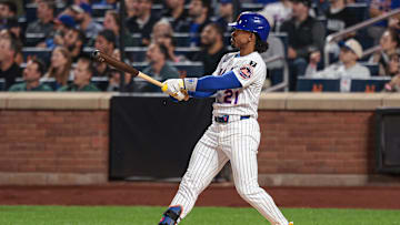 New York Mets shortstop Francisco Lindor hits a solo home run during the second inning against the San Diego Padres at Citi Field.