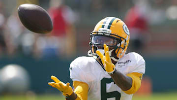 Green Bay Packers wide receiver Mecole Hardman (6) participates in drills during fifth day of training camp on July 28, 2025, at Ray Nitschke Field in Ashwaubenon, Wis.