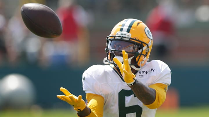 Green Bay Packers wide receiver Mecole Hardman (6) participates in drills during fifth day of training camp on July 28, 2025, at Ray Nitschke Field in Ashwaubenon, Wis.