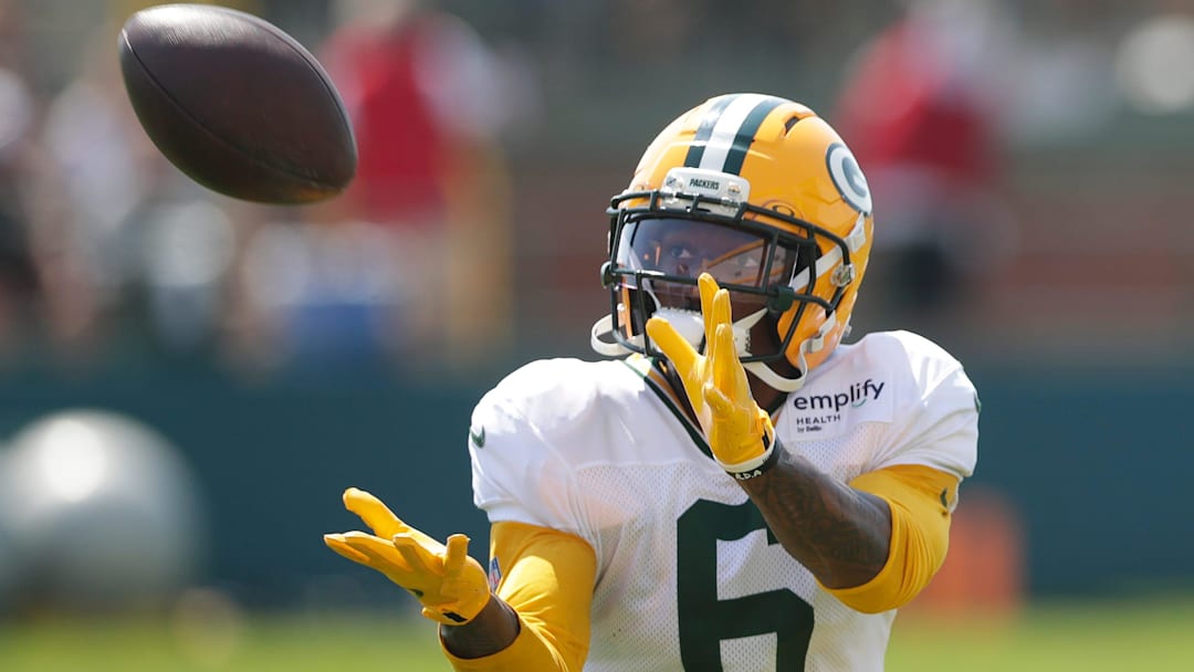 Green Bay Packers wide receiver Mecole Hardman (6) participates in drills during the fifth day of training camp on July 28, 2025, at Ray Nitschke Field in Ashwaubenon, Wis.