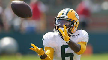 Green Bay Packers wide receiver Mecole Hardman (6) participates in drills during the fifth day of training camp on July 28, 2025, at Ray Nitschke Field in Ashwaubenon, Wis.