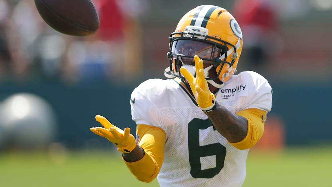 Green Bay Packers wide receiver Mecole Hardman (6) participates in drills during the fifth day of training camp on July 28, 2025, at Ray Nitschke Field in Ashwaubenon, Wis.