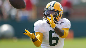 Green Bay Packers wide receiver Mecole Hardman (6) participates in drills during the fifth day of training camp on July 28, 2025, at Ray Nitschke Field in Ashwaubenon, Wis.