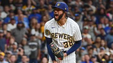 Aug 26, 2023; Milwaukee, Wisconsin, USA; Milwaukee Brewers pitcher Devin Williams (38) reacts after picking up a save to help the Brewers beat the San Diego Padres at American Family Field. Mandatory Credit: Benny Sieu-USA TODAY Sports