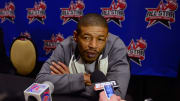 Feb 15, 2013; Houston, TX, USA;  Shooting Stars participant Muggsy Bogues speaks to the media during the a press conference for the all star Saturday night participants at the Hilton Americas. Mandatory Credit: Bob Donnan-USA TODAY Sports