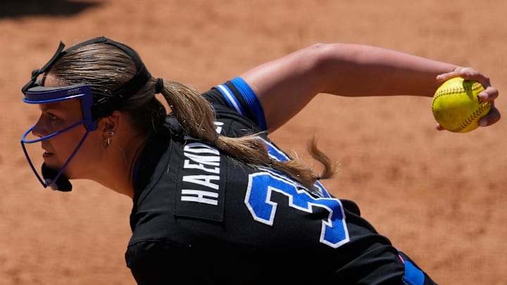 Kentucky starting pitcher Sarah Haendiges (30) looks to throw a pitch during a SEC softball tournament against Georgia in Athens, Ga., on Tuesday, May 6, 2025.