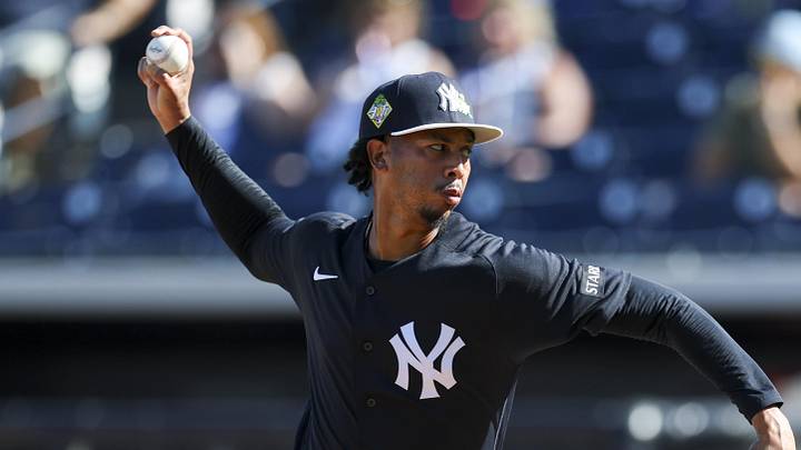 Mar 3, 2026; Tampa, FL, USA; New York Yankees pitcher Osvaldo Bido (56) throws a pitch against Panama in the eighth inning during spring training at George M. Steinbrenner Field. Mandatory Credit: Nathan Ray Seebeck-Imagn Images