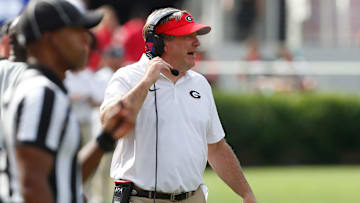 Georgia coach Kirby Smart reacts on the sideline during the second half of an NCAA Aflac Kickoff game against Tennessee Tech in Athens, Ga., on Saturday, Sept. 7, 2024.