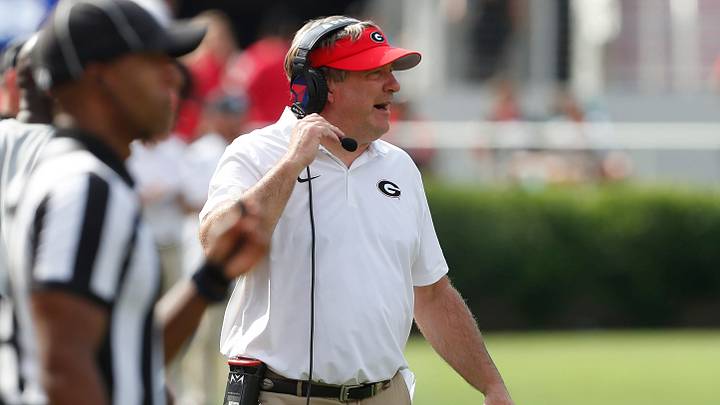 Georgia coach Kirby Smart rects on the sideline during the second half of a NCAA Aflac Kickoff game against Tennessee Tech in Athens, Ga., on Saturday, Sept. 7, 2024.