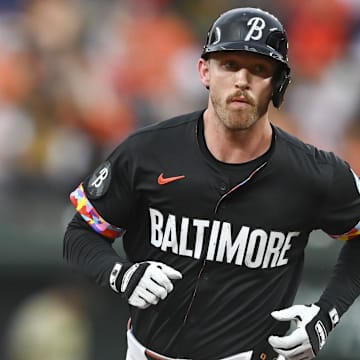 Jul 26, 2024; Baltimore, Maryland, USA;  Baltimore Orioles third baseman Jordan Westburg (11) rounds third base after hitting a solo home run in the second inning against the San Diego Padres at Oriole Park at Camden Yards