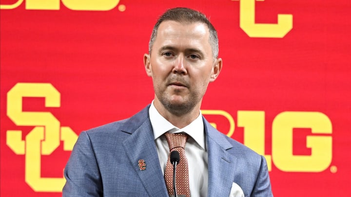 Jul 24, 2024; Indianapolis, IN, USA;  USC Trojans head coach Lincoln Riley speaks to the media during the Big 10 football media day at Lucas Oil Stadium.