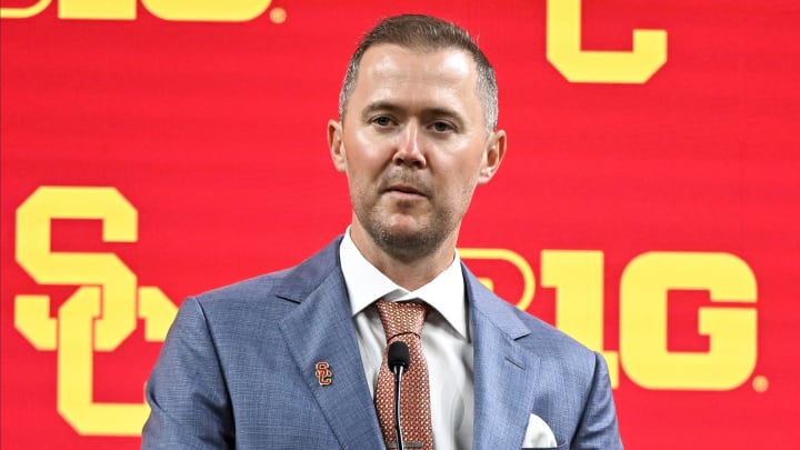 Jul 24, 2024; Indianapolis, IN, USA;  USC Trojans head coach Lincoln Riley speaks to the media during the Big 10 football media day at Lucas Oil Stadium. Mandatory Credit: Robert Goddin-USA TODAY Sports