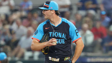 Jul 16, 2024; Arlington, Texas, USA; National League pitcher Paul Skenes of the Pittsburgh Pirates (30) looks on in the first inning against the American League during the 2024 MLB All-Star game at Globe Life Field. Mandatory Credit: Kevin Jairaj-USA TODAY Sports