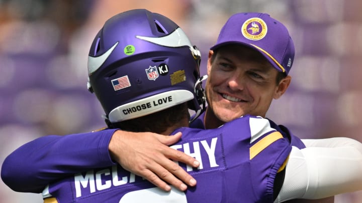 Aug 10, 2024; Minneapolis, Minnesota, USA;  Minnesota Vikings quarterback J.J. McCarthy (9) and head coach Kevin O'Connell react before the game against the Las Vegas Raiders at U.S. Bank Stadium.