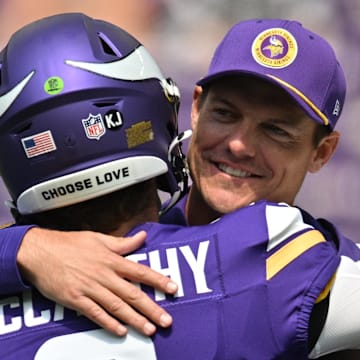 Minnesota Vikings quarterback J.J. McCarthy and head coach Kevin O'Connell on Aug 10, 2024.