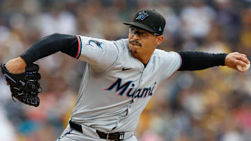 May 28, 2024; San Diego, California, USA; Miami Marlins starting pitcher Jesus Luzardo (44) throws a pitch during the first inning against the San Diego Padres  at Petco Park.