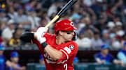 Aug 24, 2025; Phoenix, Arizona, USA; Cincinnati Reds infielder Spencer Steer against the Arizona Diamondbacks at Chase Field. Mandatory Credit: Mark J. Rebilas-Imagn Images