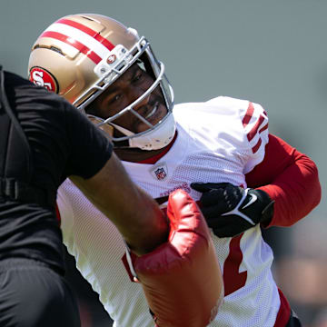Jun 11, 2025; Santa Clara, CA, USA; San Francisco 49ers defensive end Bryce Huff (47) participates in a pass rush drill during a team OTA at Levi's Stadium. Mandatory Credit: D. Ross Cameron-Imagn Images