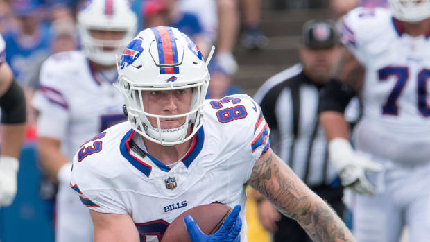 Aug 12, 2023; Orchard Park, New York, USA; Buffalo Bills tight end Jace Sternberger (83) carries the ball after a catch in the fourth quarter of a pre-season game against the Indianapolis Colts at Highmark Stadium. Mandatory Credit: Mark Konezny-USA TODAY Sports