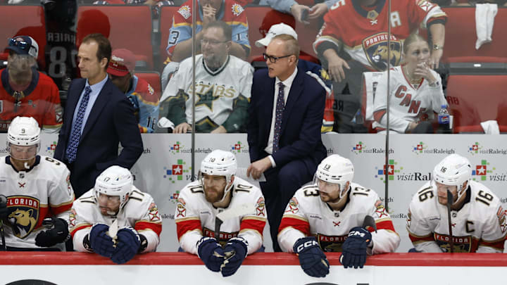 May 28, 2025; Raleigh, North Carolina, USA; Florida Panthers head coach Paul Maurice (lright) looks on during the second period against the Carolina Hurricanes in game five of the Eastern Conference Final of the 2025 Stanley Cup Playoffs at Lenovo Center. Mandatory Credit: Geoff Burke-Imagn Images