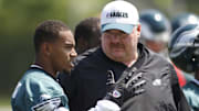 May 04, 2008; Philadelphia, PA, USA; Philadelphia Eagles head coach Andy Reid talks with wide receiver DeSean Jackson (10) during mini-camp at the Philadelphia Eagles NovaCare Complex in Philadelphia, PA. Mandatory Credit: Howard Smith-Imagn Images