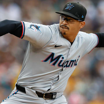 May 28, 2024; San Diego, California, USA; Miami Marlins starting pitcher Jesus Luzardo (44) throws a pitch during the first inning against the San Diego Padres  at Petco Park.