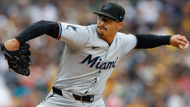 May 28, 2024; San Diego, California, USA; Miami Marlins starting pitcher Jesus Luzardo (44) throws a pitch during the first inning against the San Diego Padres  at Petco Park.