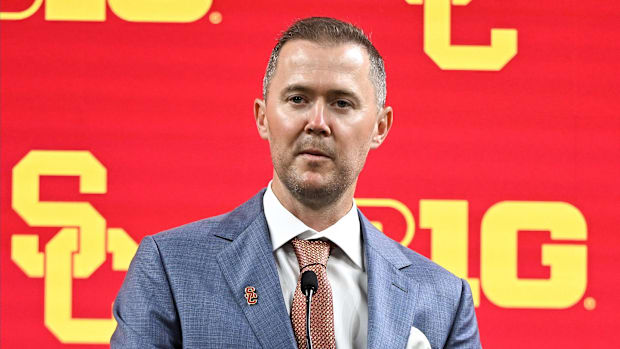 Jul 24, 2024; Indianapolis, IN, USA;  USC Trojans head coach Lincoln Riley speaks to the media during the Big 10 football med