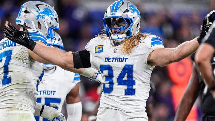 Detroit Lions linebacker Alex Anzalone celebrates a tackle against the Baltimore Ravens during the second half at M&T Bank Stadium in Baltimore, Maryland, on Monday, Sept. 22, 2025.