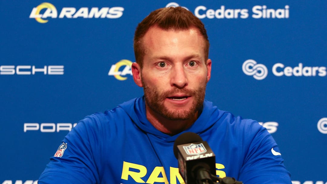 Dec 18, 2025; Seattle, Washington, USA;  Los Angeles Rams head coach Sean McVay speaks in a press conference after a game against the Seattle Seahawks at Lumen Field. Mandatory Credit: Kevin Ng-Imagn Images