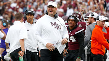 Oct 25, 2025; Starkville, Mississippi, USA; Mississippi State Bulldogs head coach Jeff Lebby reacts during the second quarter against the Texas Longhorns at Davis Wade Stadium at Scott Field. Mandatory Credit: Petre Thomas-Imagn Images